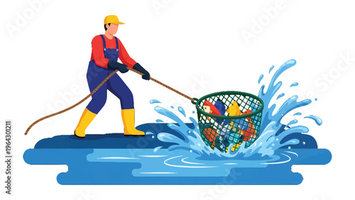 Cleaning Up: An individual tackles water pollution, gathering litter with a net, highlighting environmental conservation and responsibility.