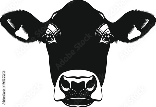 Black and white cow head vector illustration isolated on white background for dairy farm logo organic milk products and branding