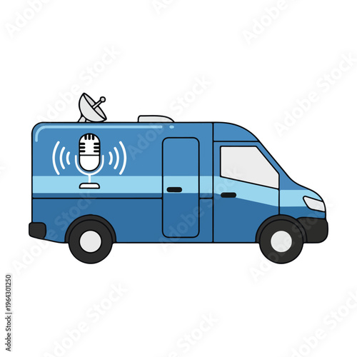 Mobile broadcasting van with satellite dish and microphone