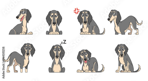 Cartoon Saluki dog displaying various emotions and actions  