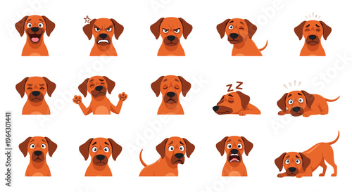 Cartoon dog showing various facial expressions and emotions  