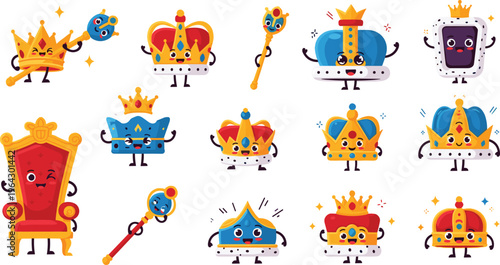 PrintCute cartoon crown characters set with throne and scepter colorful royal icons collection playful vector illustration isolated on white background