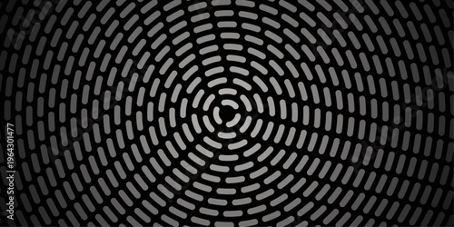 An abstract dark gray metallic mesh grid background featuring a techno binary code pattern with textured steel circles and a black macro vector surface design