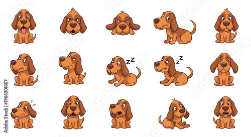 Cartoon puppy expressions in various poses and emotions  