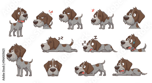 Cartoon German Wirehaired Pointer displaying various emotions and actions  