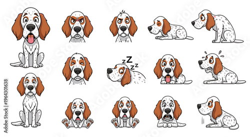Cartoon dog expressions showing various moods and actions