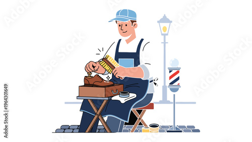 Shoemaker: A craftsman meticulously works on polishing a leather shoe in a detailed, vibrant illustration.