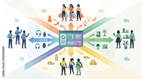 E-commerce Omnichannel Marketing Strategy Illustration: Consumer Segmentation and Data Analytics Dashboard for Digital Retail and Online Shopping Optimization