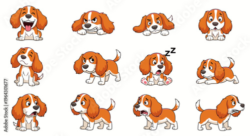 Cartoon Sussex Spaniel dog showing various emotions and actions  
