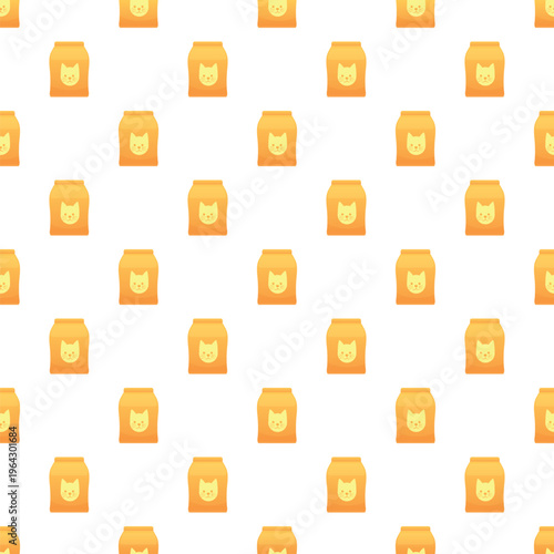 Cat food bags with feline faces repeating on a white background