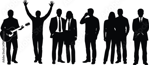 Set of black business people silhouettes, office professionals, guitarist, and expressive characters isolated on white background for corporate design projects.
