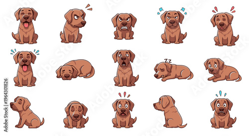 Cartoon dog expressing various emotions in different poses  