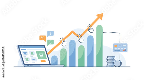 E-commerce Sales Growth and Business Analytics Illustration with Upward Arrow, Bar Chart, and Online Shopping Laptop