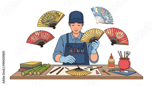 Artisan Crafting Fan Masterpiece: Meticulous artisan meticulously crafts an intricate paper fan, surrounded by tools and materials.