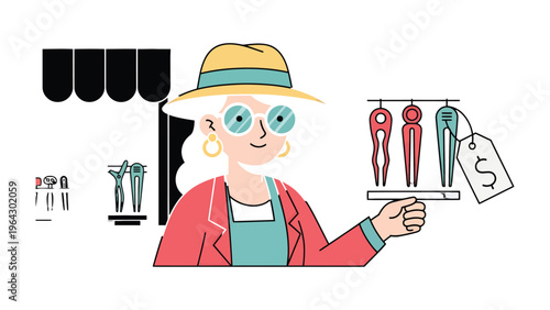 Shopkeeper's Display: A charming shopkeeper presents handcrafted items at her small shop, showcasing artisan work and the charm of small business. 