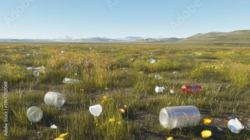 Plastic debris scattered across a vibrant green rural field with distant mountains under a clear blue sky.