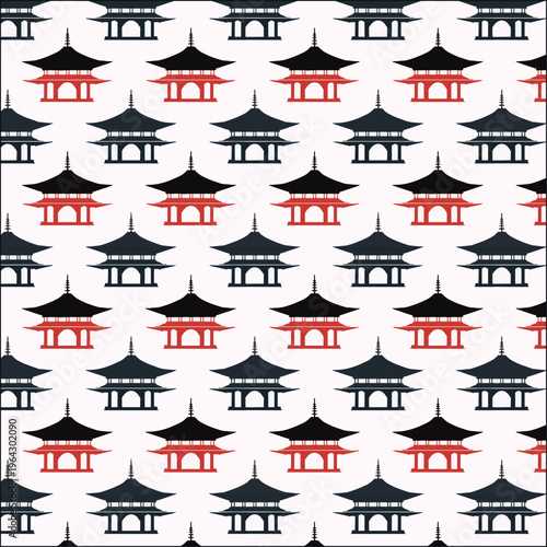 Minimalist silhouette of a Chinese pagoda on a white background in the style of Chinese folklore, seamless pattern.