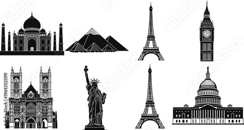 Set of black silhouette icons featuring world famous landmarks including Taj Mahal, Pyramids, Eiffel Tower, Big Ben, and Statue of Liberty.