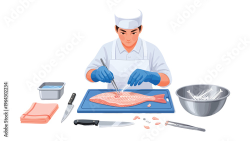 Chef at Work: Precision and expertise converge as a chef meticulously fillets a fresh fish, embodying culinary mastery and dedication in a vibrant and clean setting.