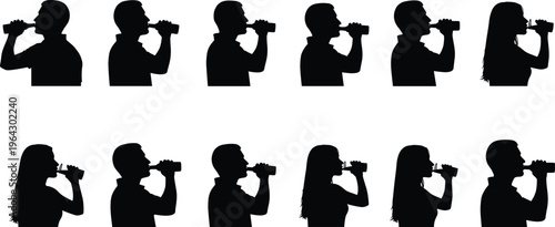 Set of black silhouettes of men and women drinking from bottles, profile view isolated on white background, beverage and refreshment, vector.