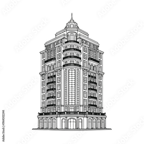 Luxury high rise building with ornate architectural details and balconies