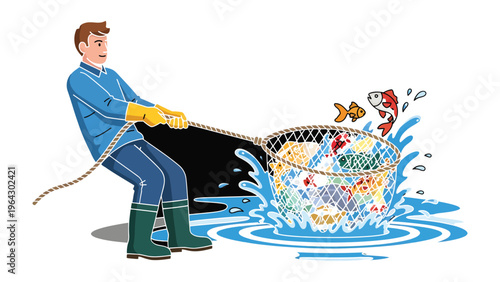 A sea of plastic, a burdened catch: A graphic representation shows the stark reality of pollution as an individual struggles to haul in a net brimming with trash.