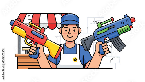 Water Gun Seller: A smiling vendor, arms outstretched, showcasing two colorful water guns. A playful and refreshing depiction of summer fun and recreation.