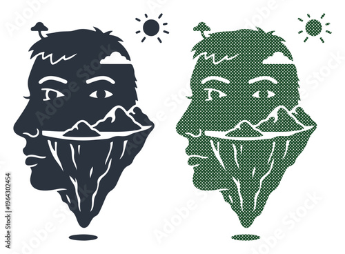 Surreal profile silhouettes merging with mountainous landscapes and sun.