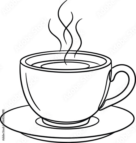 A steaming cup of coffee on a saucer with rising steam