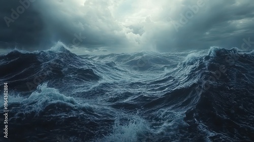 Turbulent ocean waves under dramatic stormy clouds reflecting intense natural power