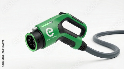 Green Electric Vehicle Fast Charge Connector Plug With Cable for Cars — EV Charger Close-Up