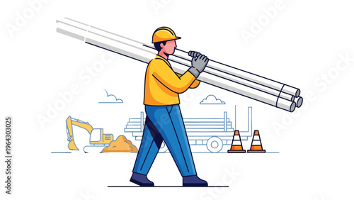 Construction Worker in Action: A determined construction worker carries a bundle of pipes, representing dedication and hard work within the building industry.