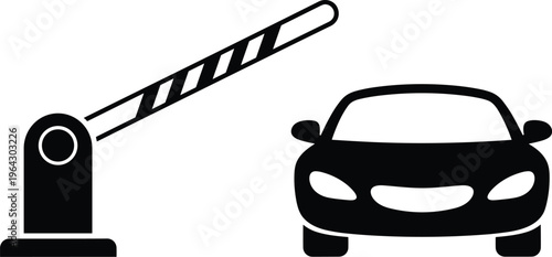 Black silhouette icon of a car waiting at an open automatic rising barrier gate for parking access or secure entry.