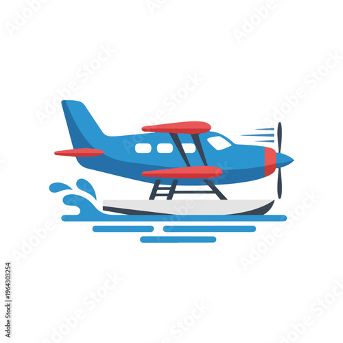 Seaplane taking off on calm water surface with splashing waves
