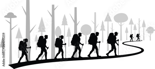 Black silhouette of a group of hikers with backpacks and trekking poles walking on trail through a forest vector illustration