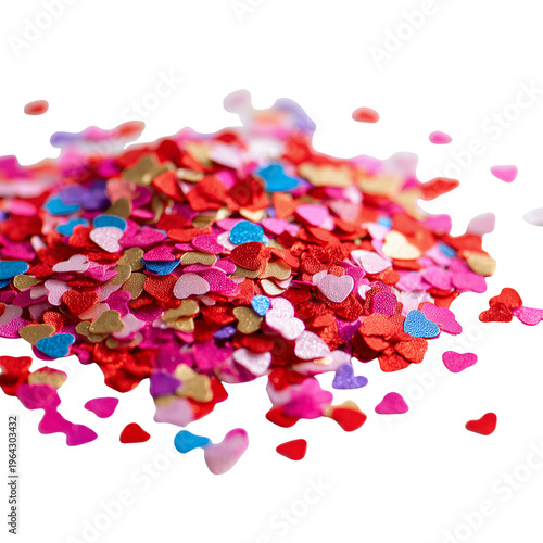 colorful heart-shaped confetti pieces scattered isolated on transparent background