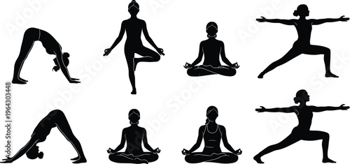 Yoga Silhouettes Set with Downward Dog Tree Pose Lotus and Warrior Asanas for Wellness Fitness Health and Mindful Meditation Exercise