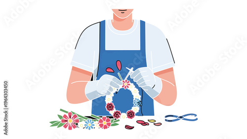 Crafting Blooms: A skilled artisan meticulously arranges vibrant flowers, weaving them into a decorative garland, demonstrating the art of floral design.