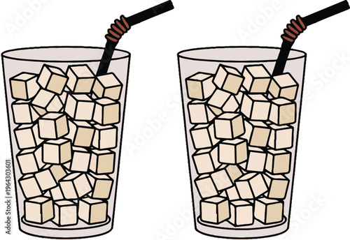 Icy Refreshment: A refreshing depiction of two glasses filled with ice cubes and straws. This illustration embodies coolness and enjoyment of cold beverages.