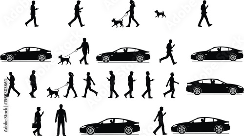 Black silhouette set of people walking dogs using smartphones and side view of modern sedan cars isolated on white background
