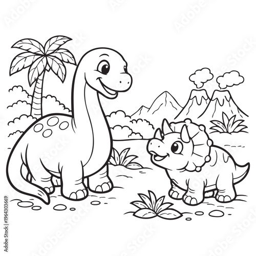 Friendly dinosaurs in prehistoric landscape