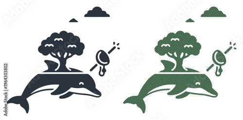 Whimsical dolphin carries a small island with a tree and a sparkling object, symbolizing dreams and nature.