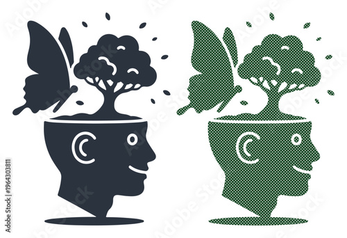 Illustration of a human head with a tree and butterfly symbolizing growth and new ideas.