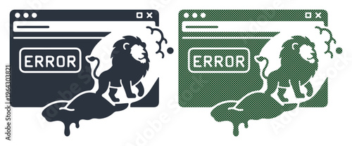 Digital error message with a melting lion illustration