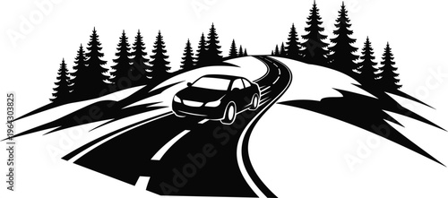 Black and white silhouette of a car driving on a winding mountain road through a pine forest for travel concepts