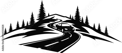 Car Driving on Winding Mountain Road Silhouette Featuring Pine Tree Forest Landscape for Travel Adventure Road Trip and Automotive Transport Concept