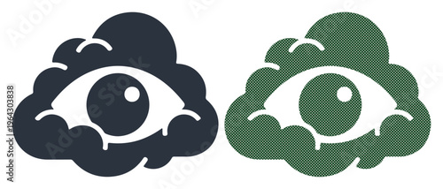 Two stylized eyes with cloudy shapes surrounding them, representing vision or insight.