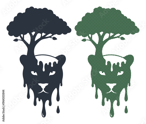 Melting wild cat head with tree growing from it, symbolizing environmental conservation