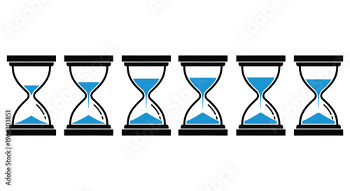Vector illustration displaying six hourglass icons showing different stages of elapsed time progression