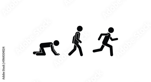 Black stick figure progression showing crawling, walking, and running movement sequence vector graphic